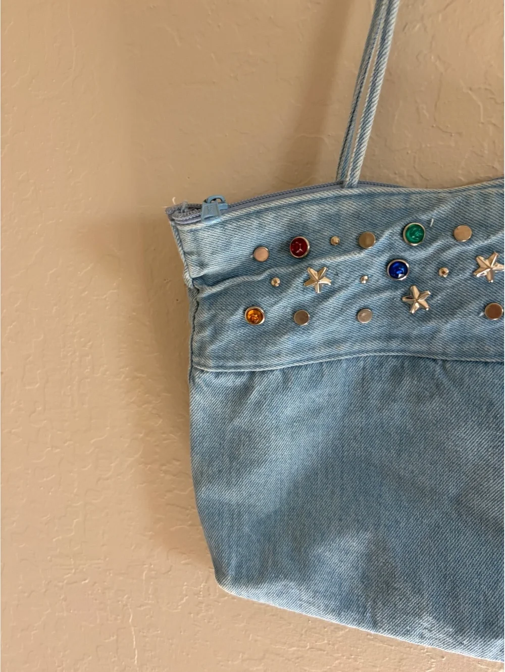 Vintage handmade denim studded tote bag